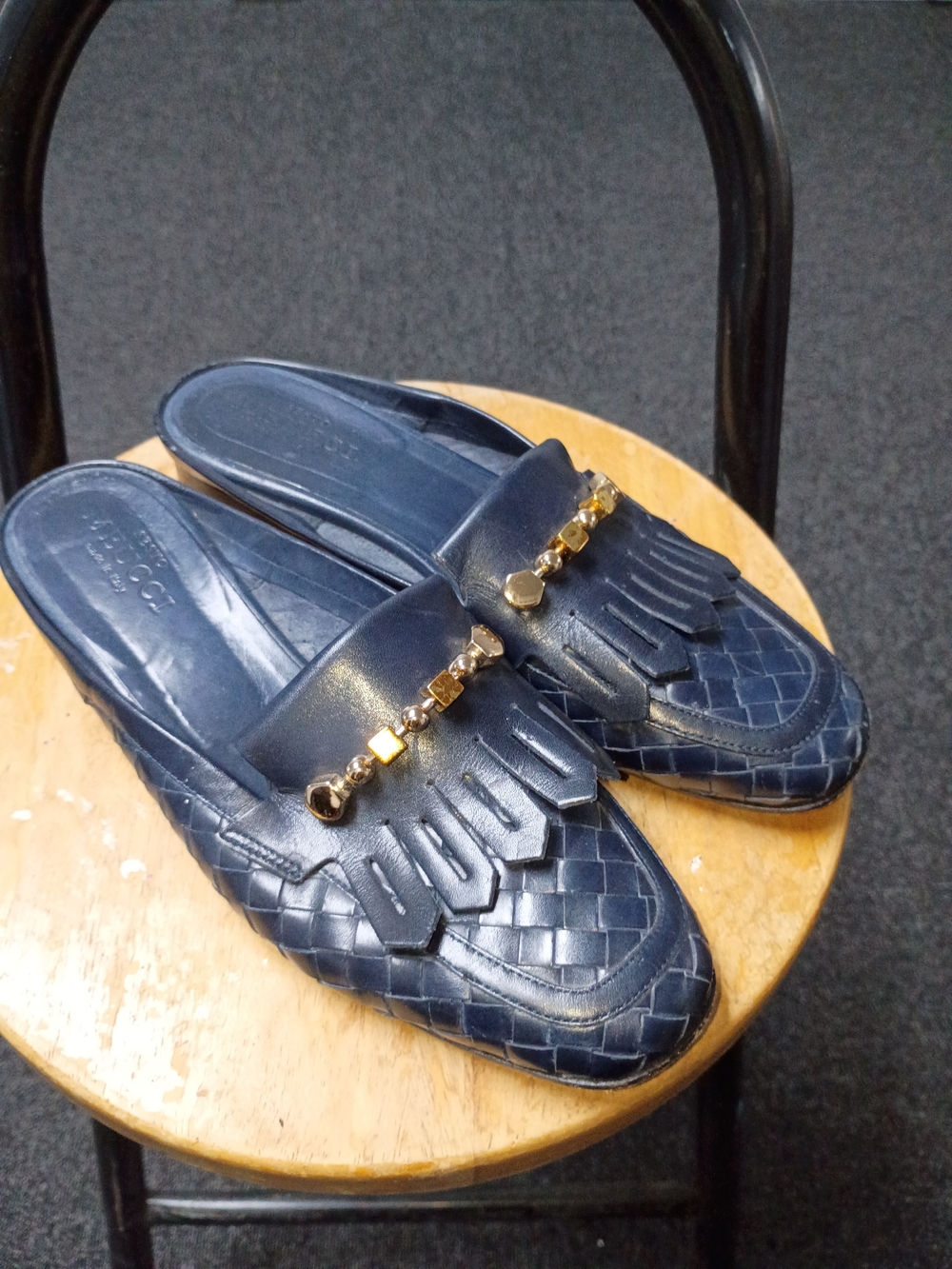 Sesto Meucci Navy Leather Fringe Mule with Gold Chain